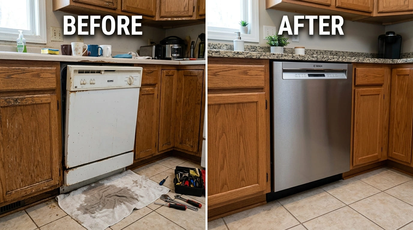 Dishwasher Repair and Replacement Before and After March Valley Plumbing Moreno Valley CA