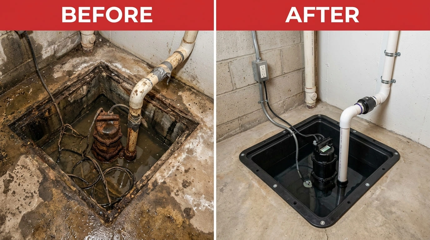Sump Pump Repair & Replacement Before and After March Valley Plumbing Moreno Valley CA