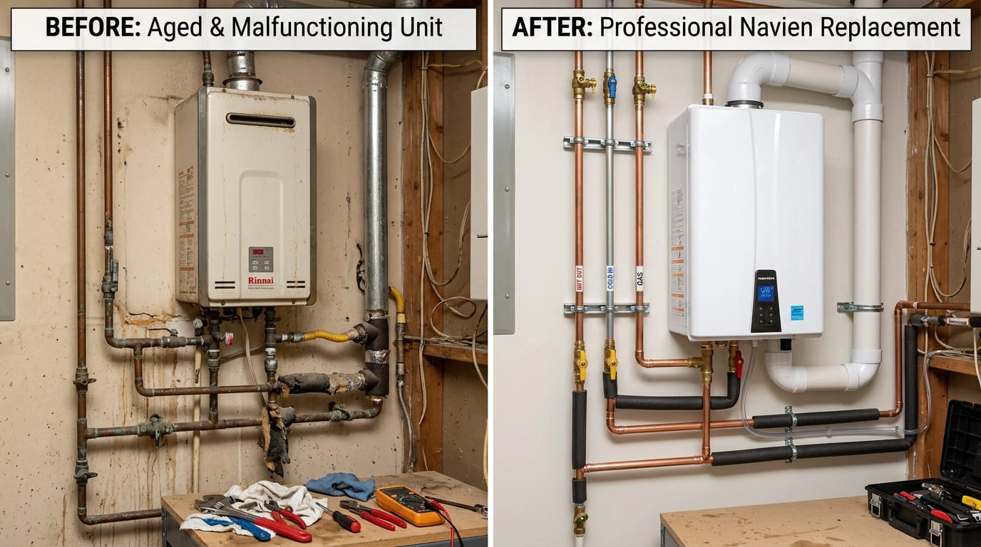Tankless water heater brought back online after wind driven power outage Moreno Valley CA