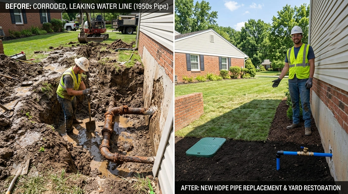 Water Line Replacement Yard Restoration Before and After - March Valley Plumbing Moreno Valley CA